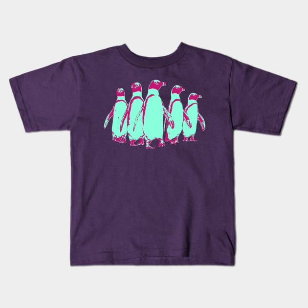 African Penguin Gang - Aqua and Magenta Kids T-Shirt by AnthonyZed